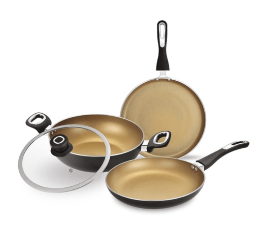 BERGNER Aluminium Optimum Non Stick Cookware Set 4Pc-Kadhai with Glass Lid 24Cm 2.5L, Dosa Tawa 28Cm, Frypan 24Cm 1.8 L with Induction Compatible, Bakelite Handles, Pfoa Free, 1 Year Warranty, Black